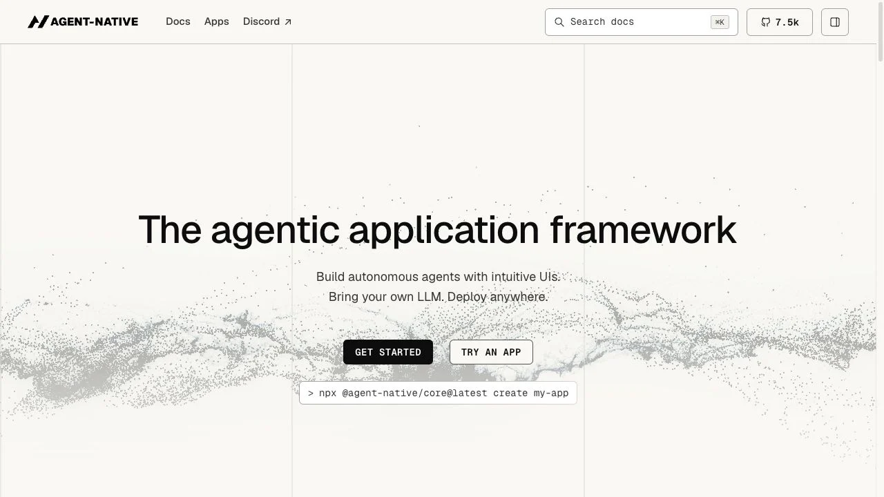 Agent-Native official homepage with its agentic application framework heading, Get Started and Try an App links, and create command