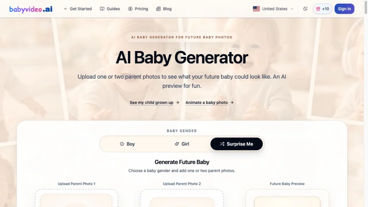 BabyVideo.ai homepage with Boy, Girl and Surprise Me controls and parent-photo input panels