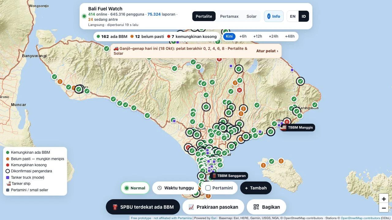 Peta Bali Fuel Watch dengan pilihan BBM dan legenda status