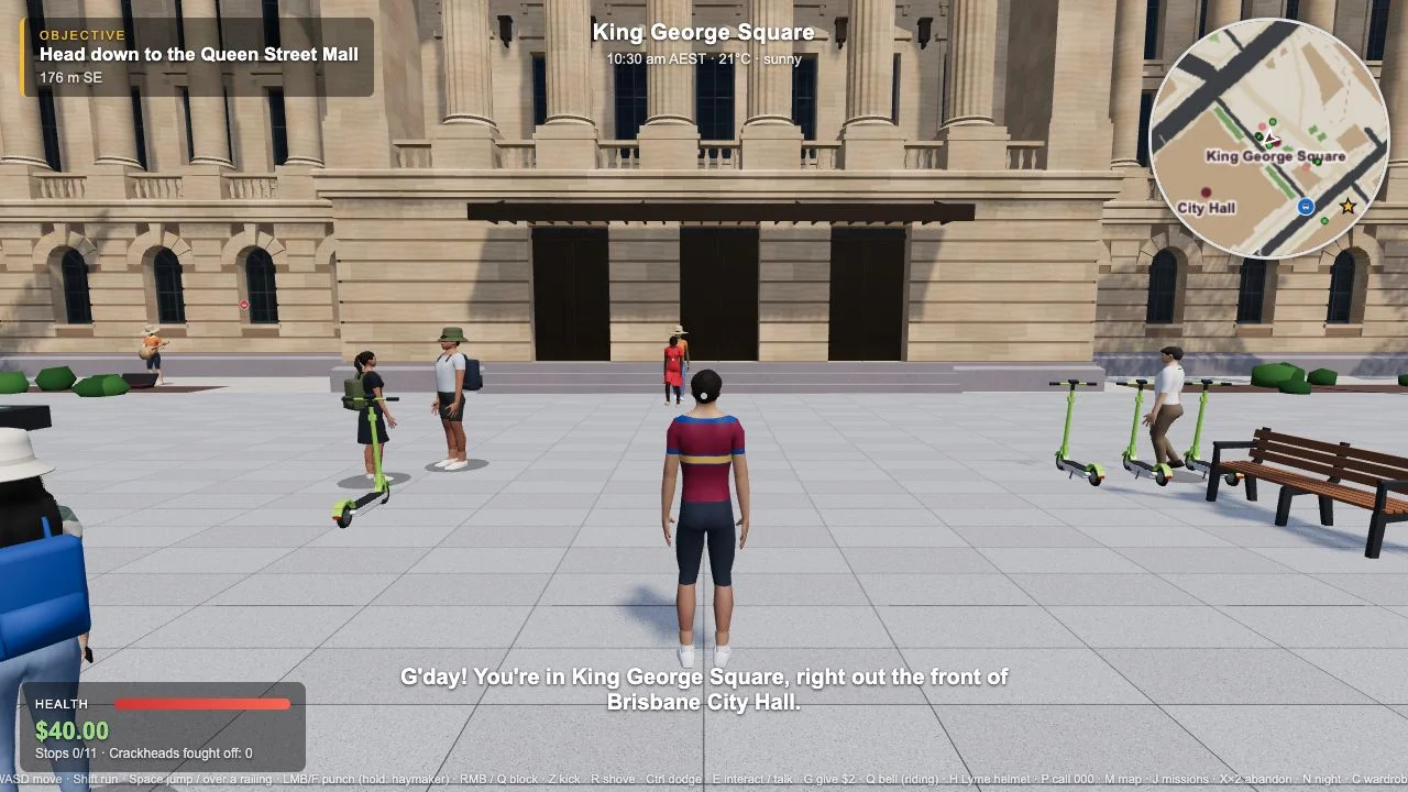 Brisbane Streets opening scene outside City Hall with a third-person character, objective and minimap