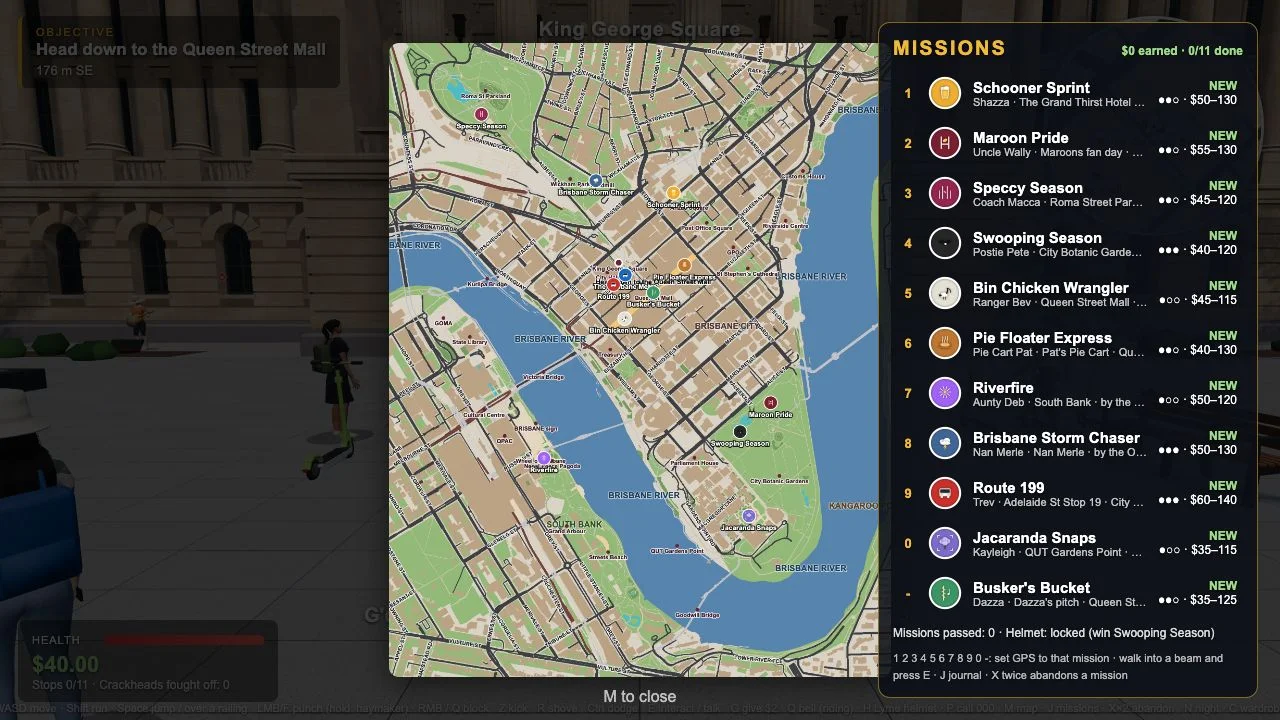 Brisbane Streets city map with mission markers and a list showing eleven available missions