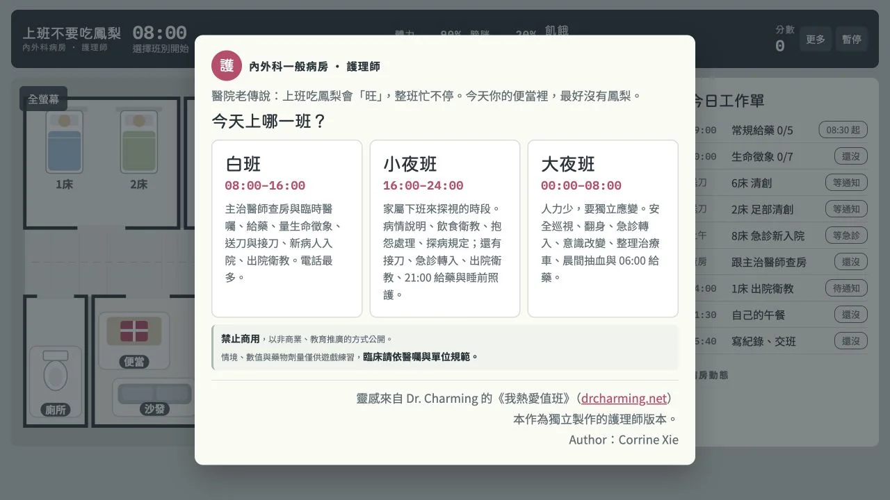 Busy Nurse opening menu with day, evening and night shifts, a noncommercial notice and Corrine Xie credit