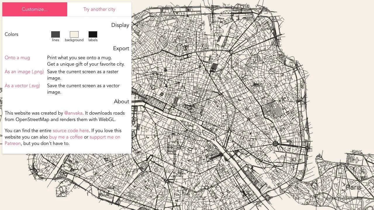 City Roads Customize panel showing separate color controls and PNG and SVG export links beside the Paris map