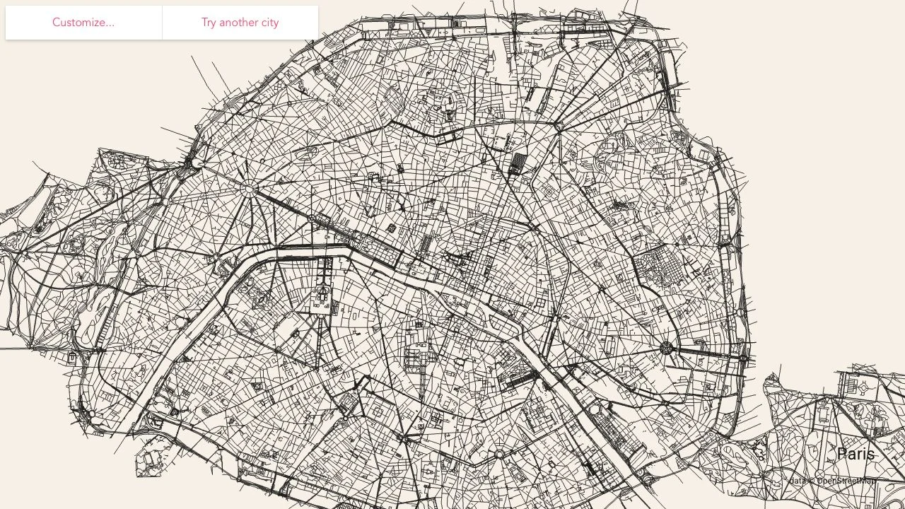 City Roads rendering of Paris with minimal road lines, a city label and OpenStreetMap attribution