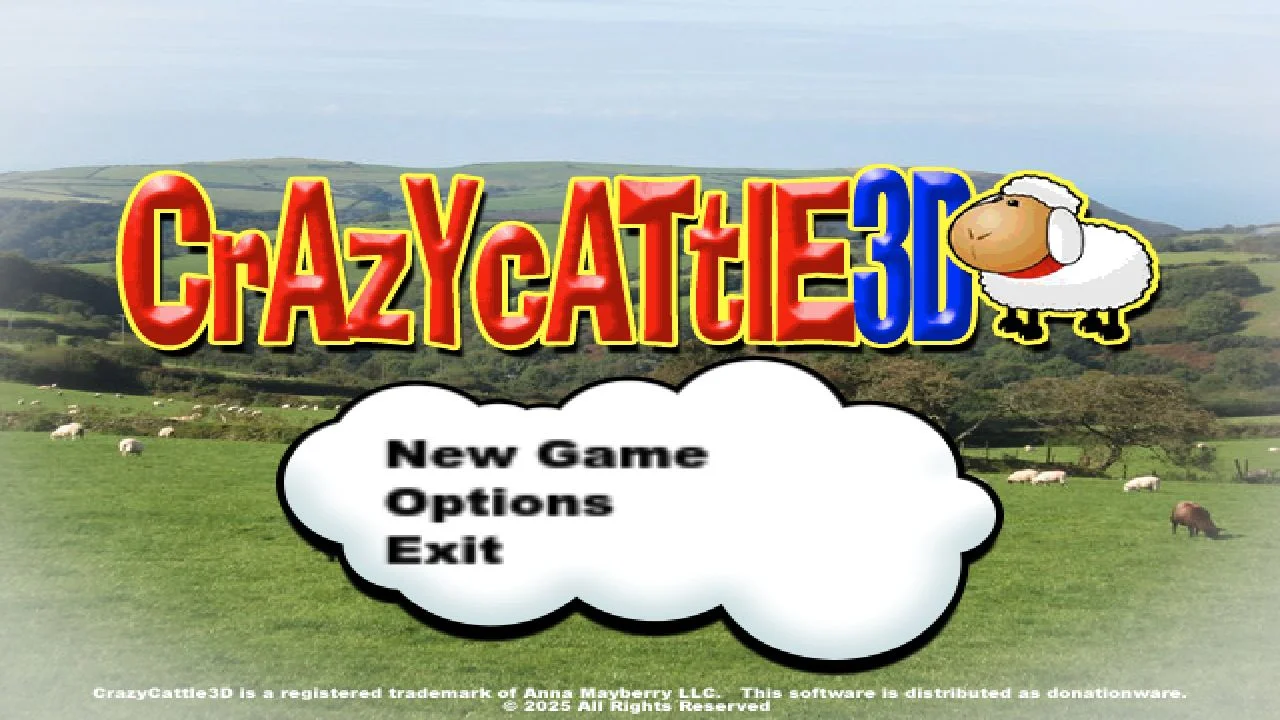 CrazyCattle3D GitHub.io menu with New Game, Options and Exit over a sheep landscape