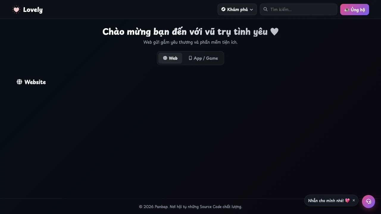 Trang LoveLy với điều hướng tiếng Việt và phần Website chưa có thẻ dự án