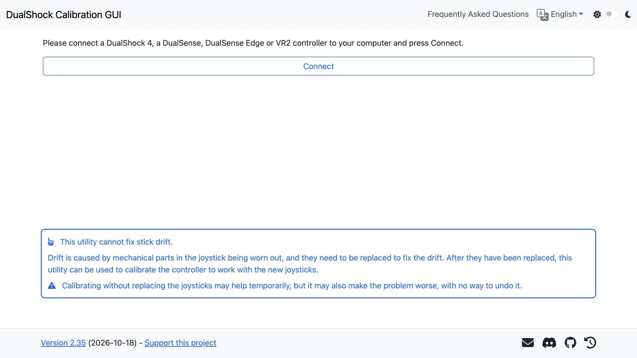 DualShock Calibration GUI English connection screen and stick-drift explanation, with no controller connected