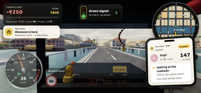 Another actual Hey Auto driving camera view with road and dashboard overlays