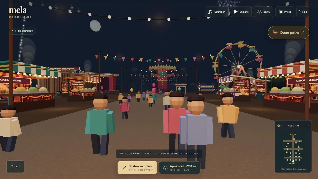Walkable Dussehra Mela Online scene with stalls, crowds, giant wheel, map and controls