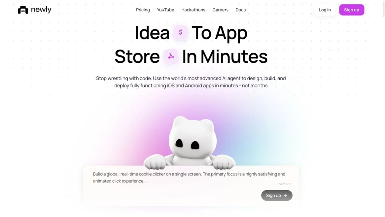 Newly AI official homepage showing its native app builder introduction and prompt entry