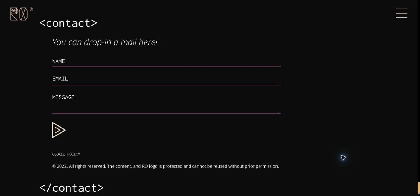 Rush Ounza portfolio Contact section showing empty name, email and message fields