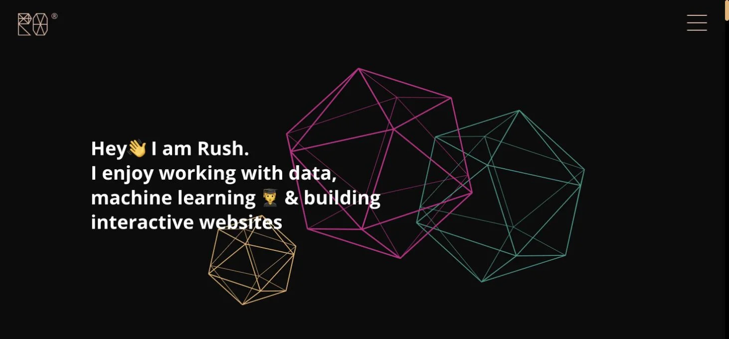 Rush Ounza portfolio home screen with data and machine-learning introduction beside the geometric RO identity