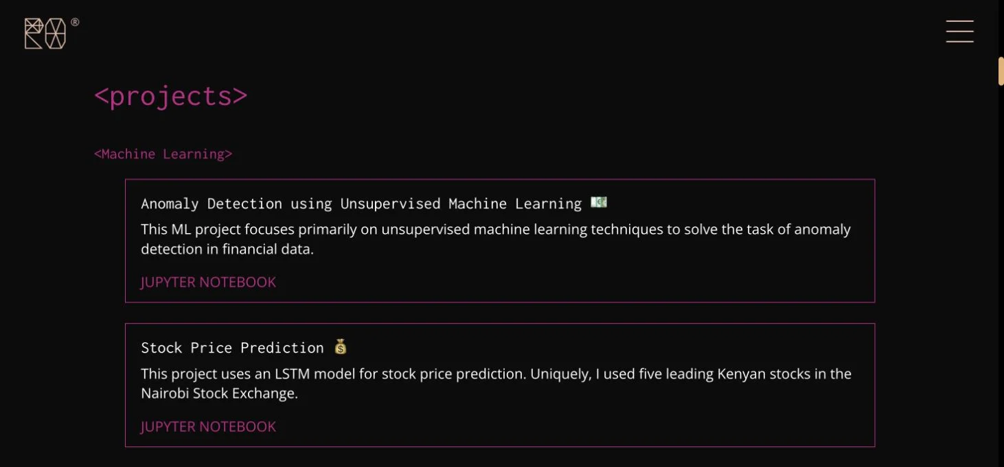 Ounza Machine Learning project cards for financial anomaly detection and Kenyan stock-price prediction with Jupyter Notebook links