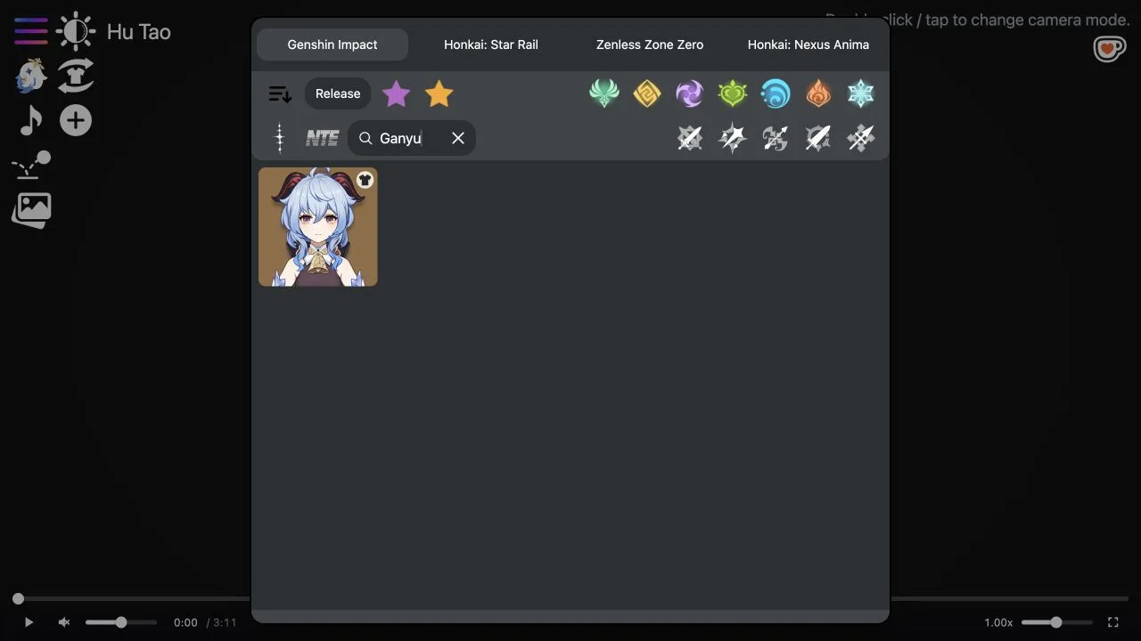Phoshco character menu with Ganyu entered in the search field and one matching character result