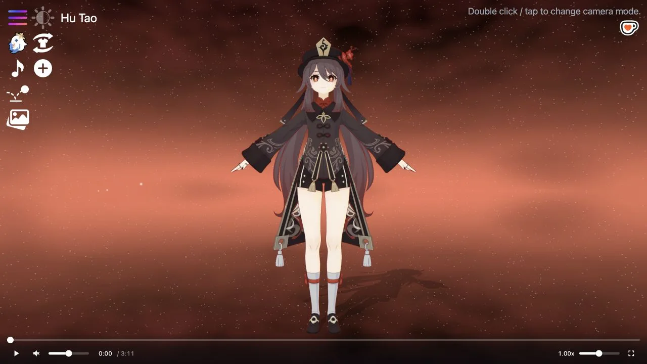 Hu Tao rendered in Phoshco’s model viewer against a red starfield with character controls and a playback timeline