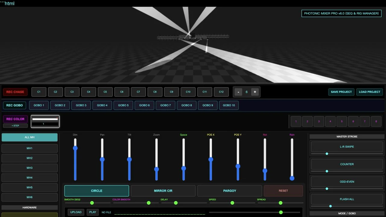 Photonic Mixer Pro v6.0 with CIRCLE active, white beams in a rendered stage and fixture mixer controls