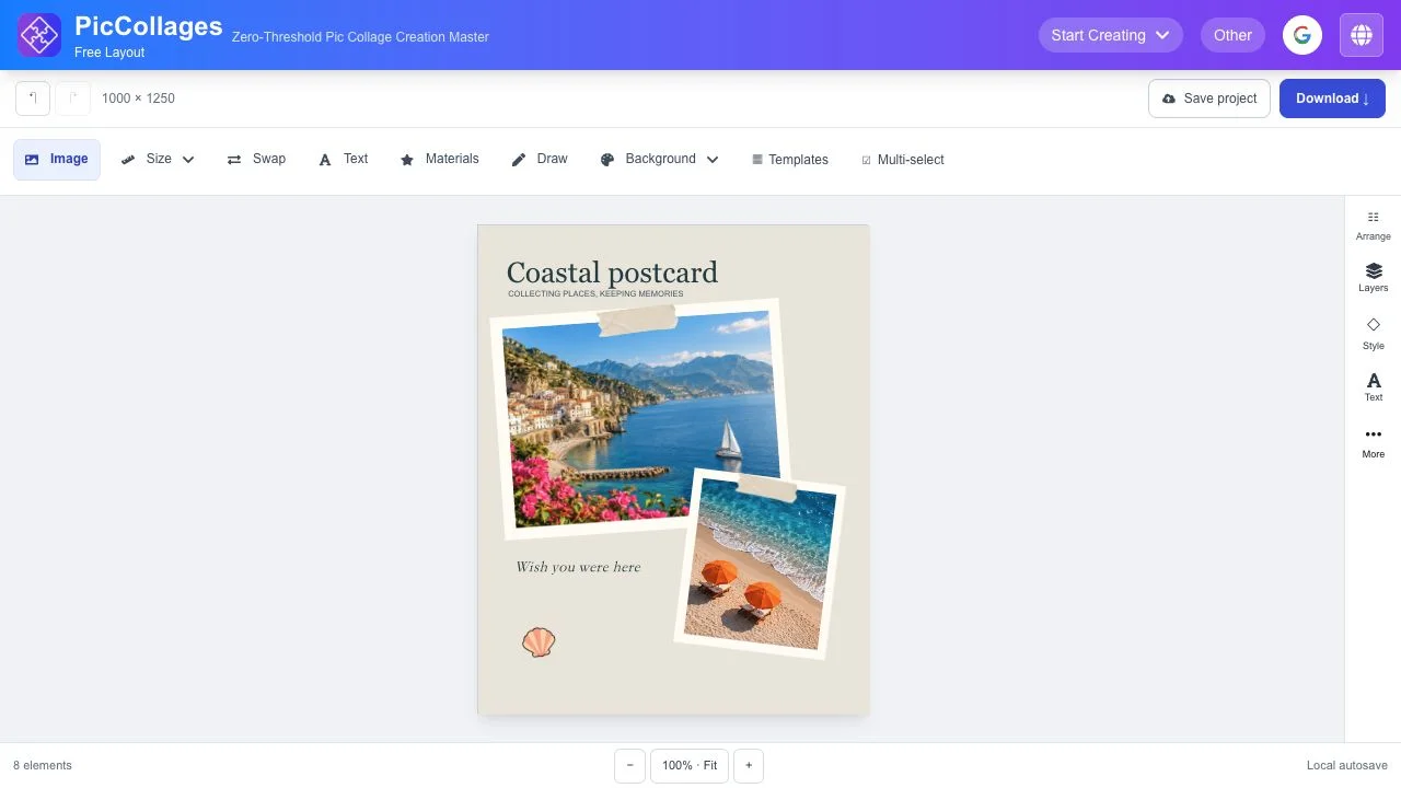 PicCollages Free Layout editor with a Coastal postcard design, two photos, text, decoration layers and Download control