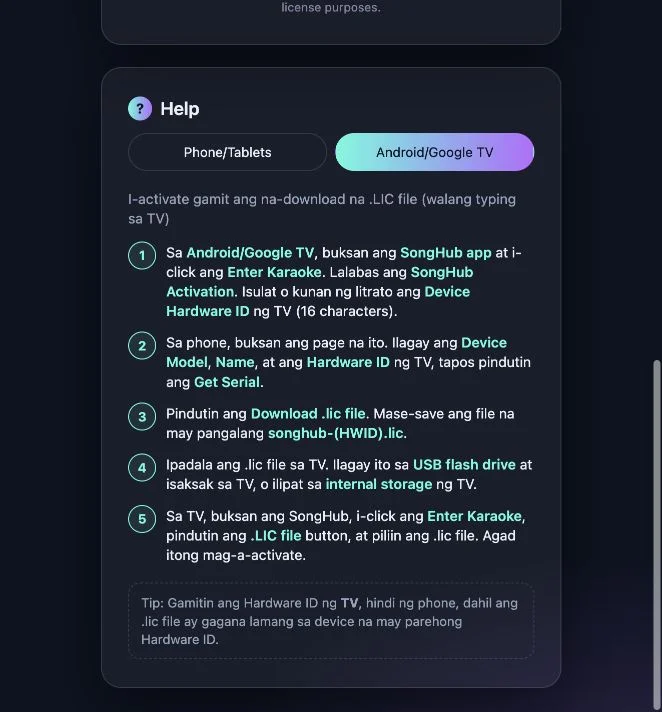 SongHub activation Help panel with Android and Google TV selected and five documented license-file steps in Filipino