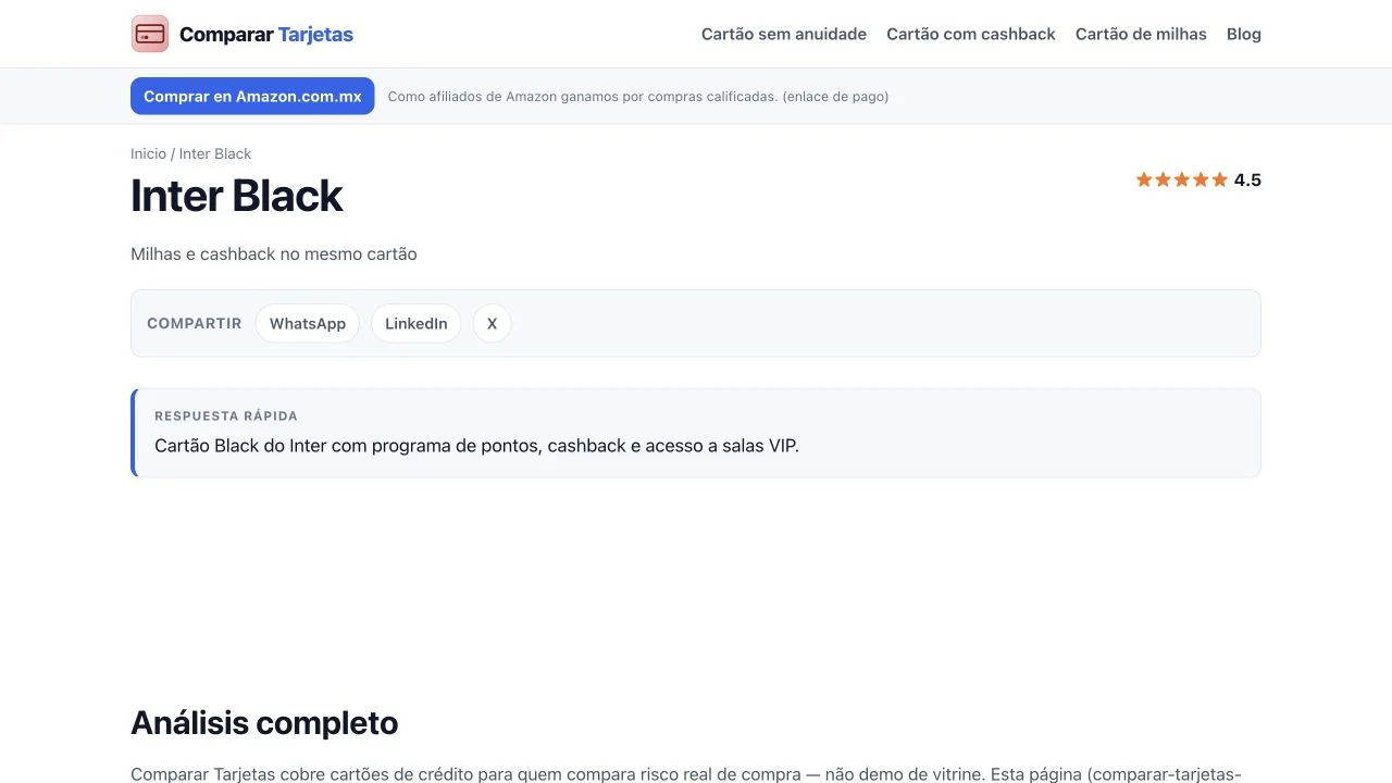 Comparar Tarjetas internal Inter Black detail page with its summary and comparison text