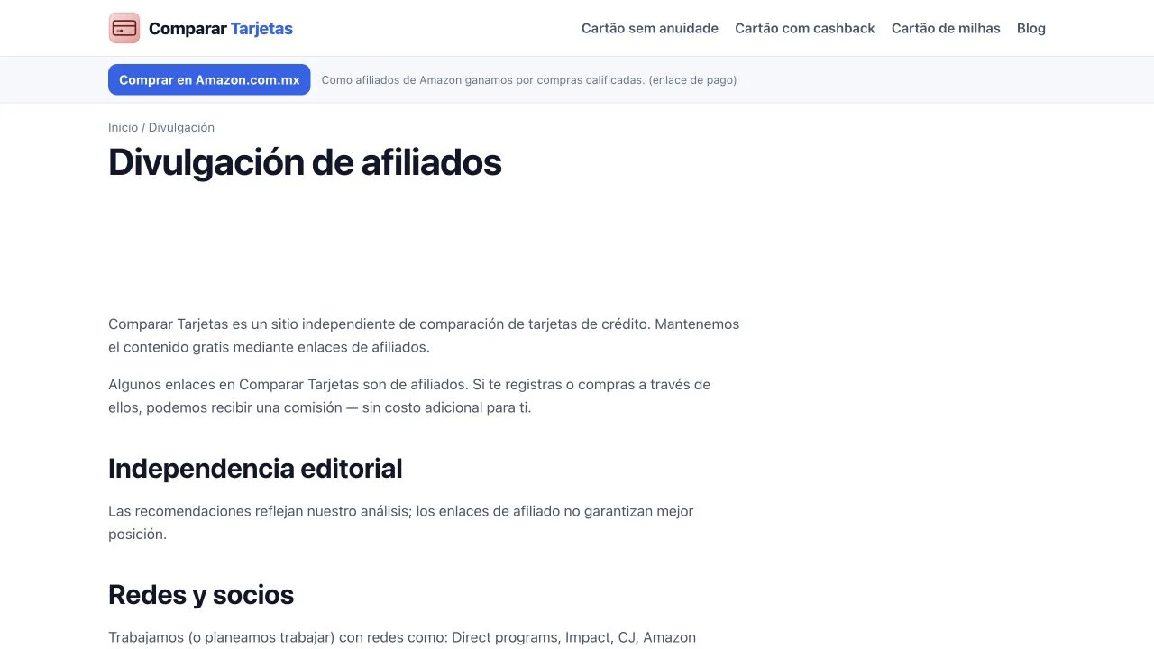 Comparar Tarjetas affiliate disclosure explaining its funding model