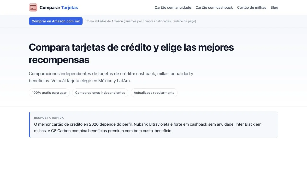 Comparar Tarjetas homepage with its credit-card comparison introduction