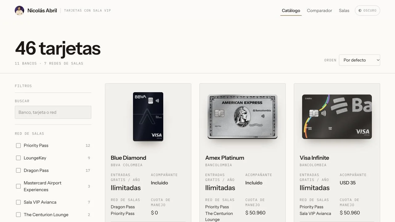 Catálogo en español con filtros de redes y tarjetas de bancos colombianos