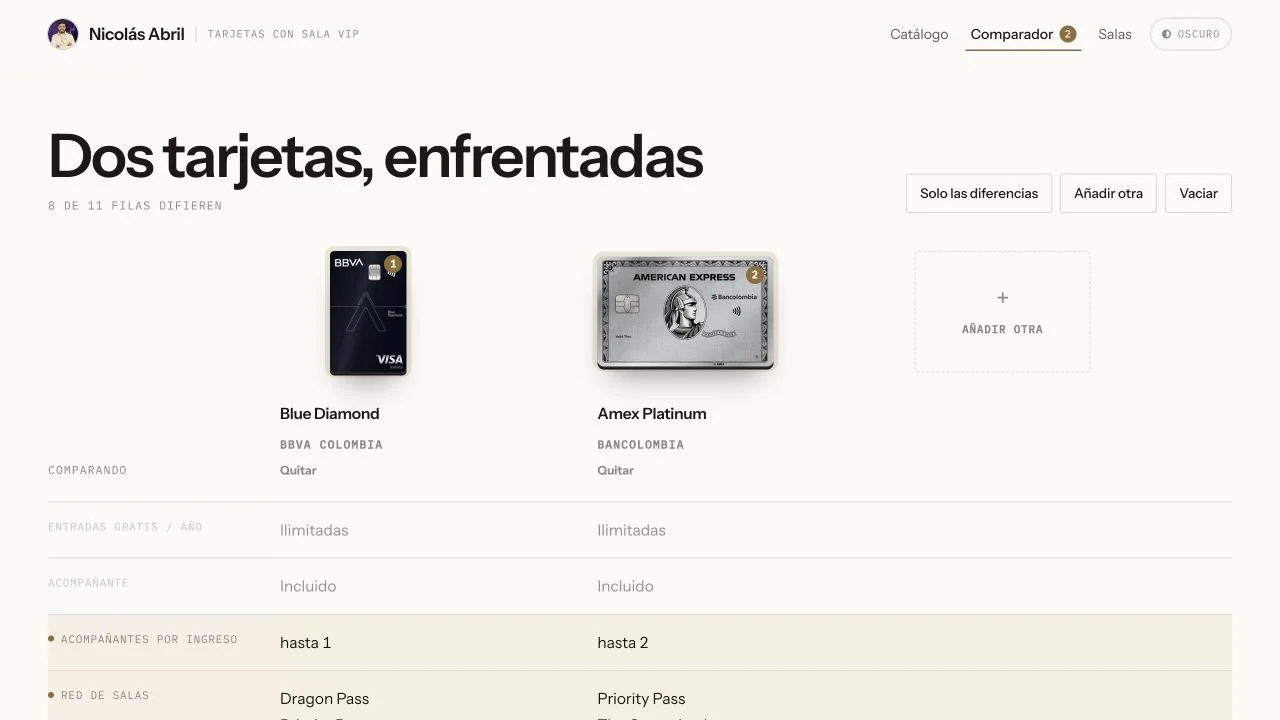 Comparación de Blue Diamond de BBVA y Amex Platinum de Bancolombia con diferencias resaltadas