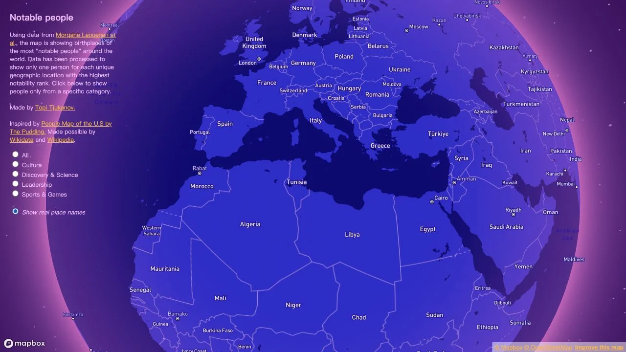Notable people map with Show real place names selected, showing country and city labels instead of people