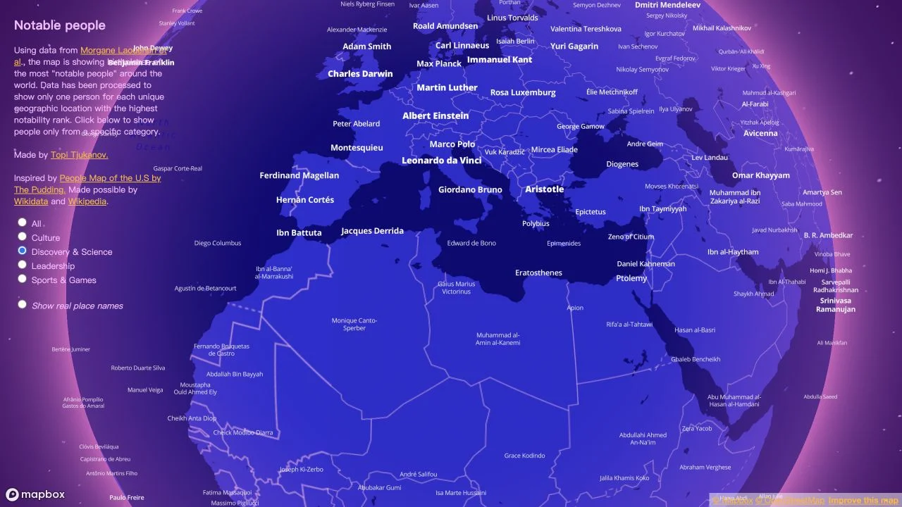 Notable people map with Discovery and Science selected and person labels across Europe and North Africa