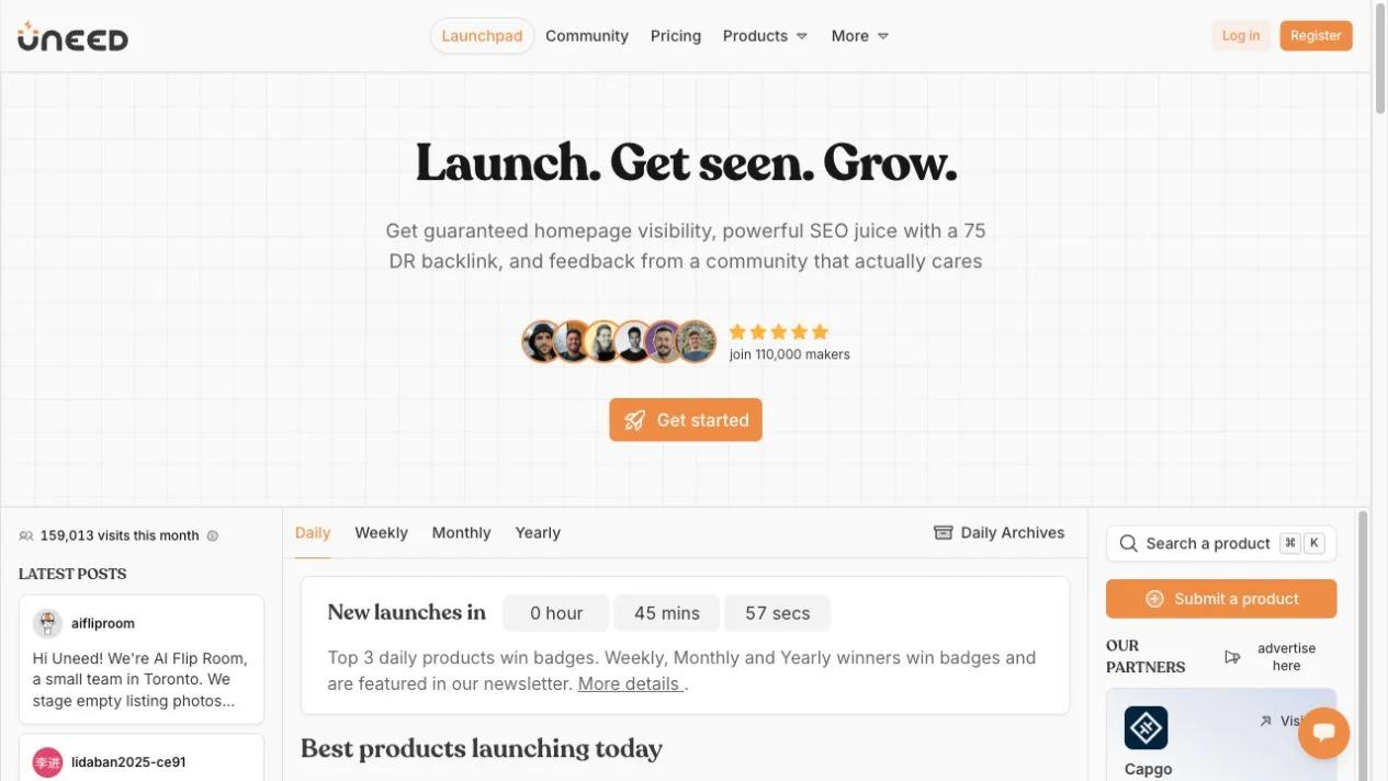 Uneed launchpad showing product discovery navigation, a daily launch area and Submit a product