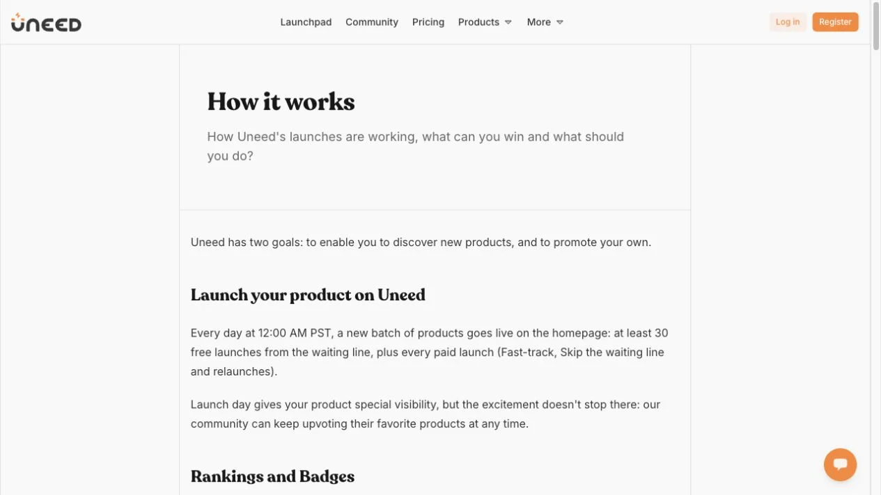 Official Uneed How it works page explaining discovery, promotion and daily launches