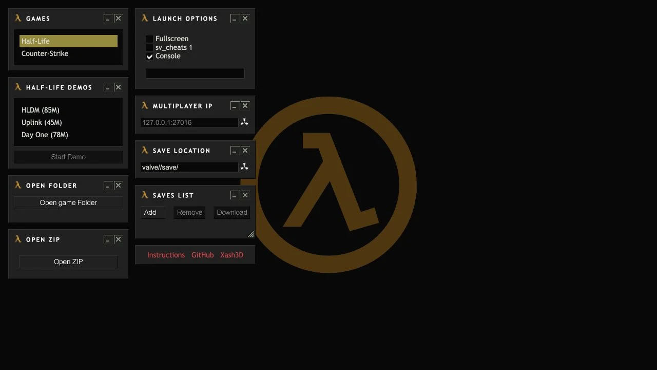 webXash launcher with Half-Life and Counter-Strike choices, three demo entries, local folder and ZIP loading, launch options, and a save manager