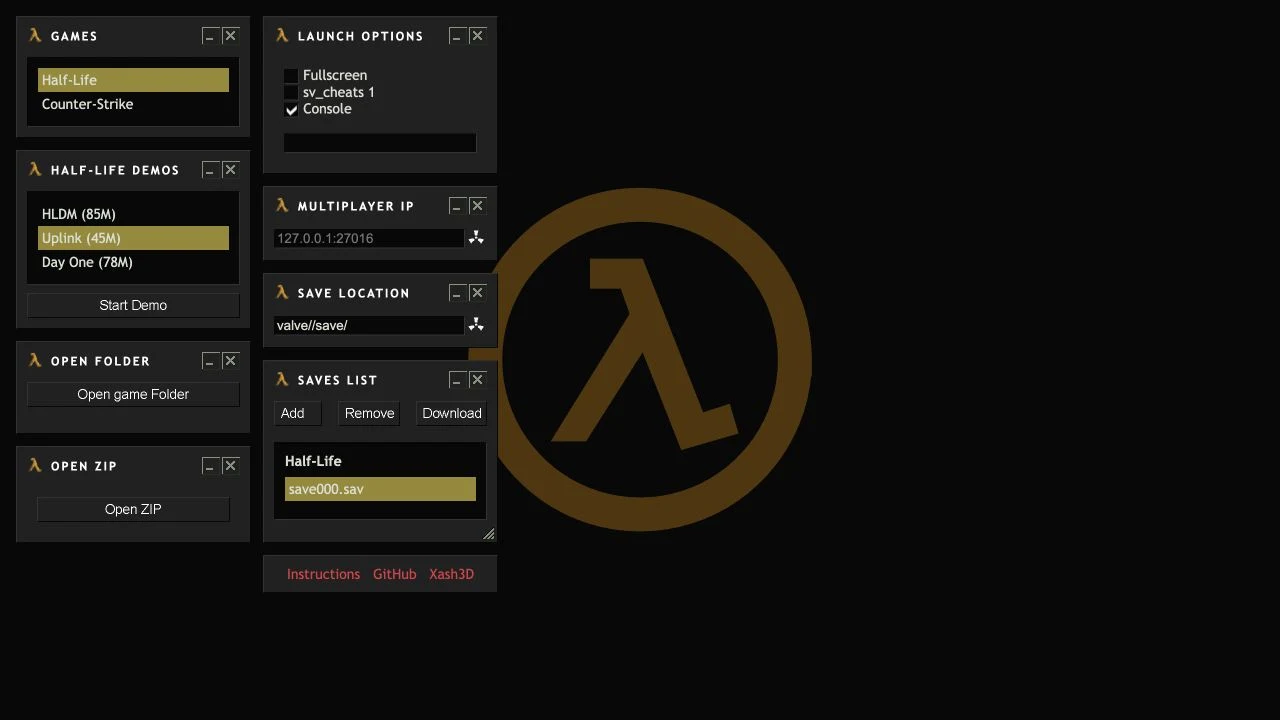 webXash save manager listing Half-Life save000.sav with Download and Remove enabled after selecting the file