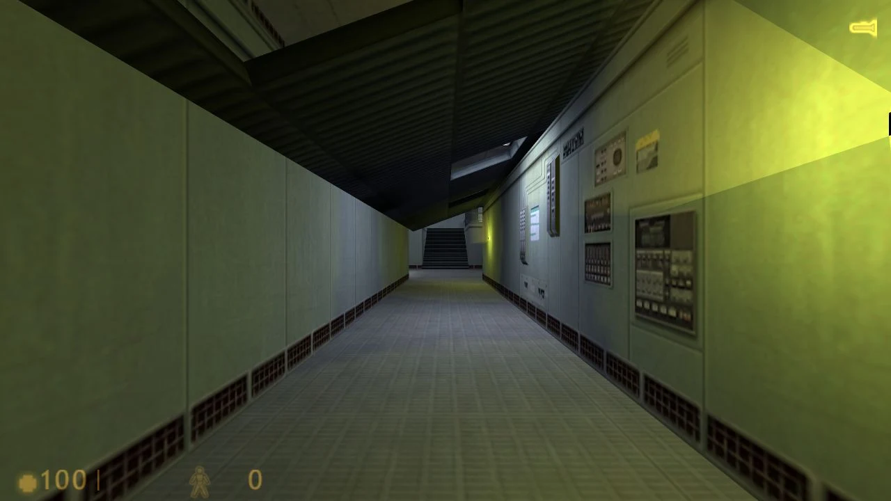 Half-Life Uplink opening corridor rendered in the webXash browser session with health and suit HUD
