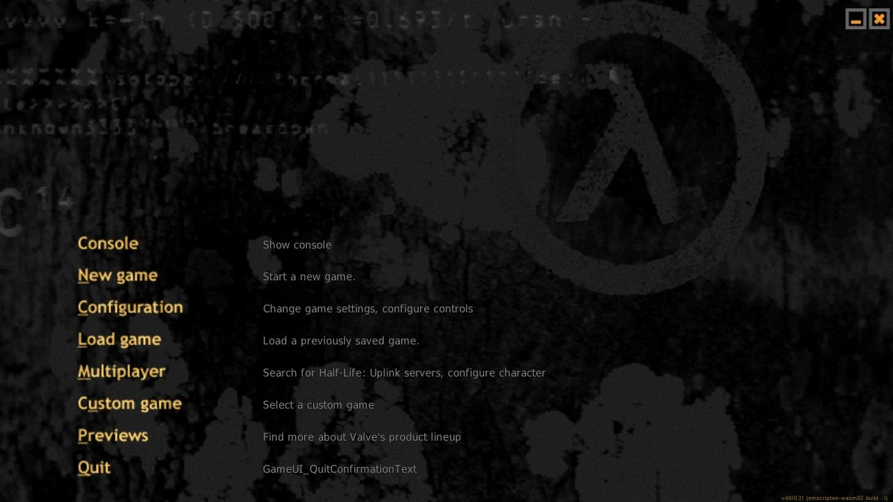 Half-Life Uplink game menu rendered in webXash, showing New game, Configuration, Load game, Multiplayer, and other entries